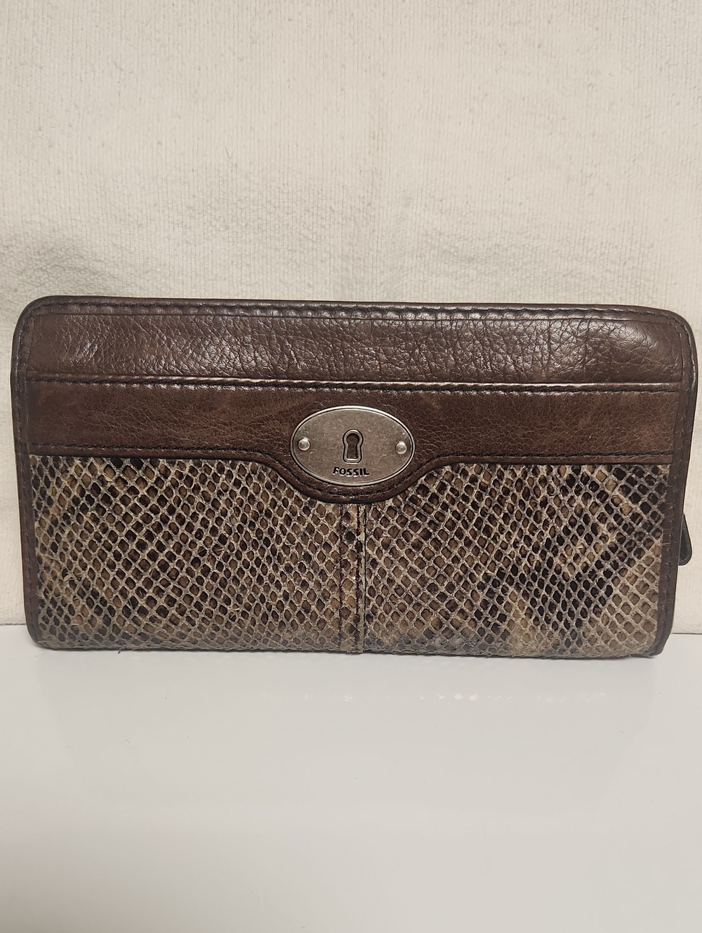 Fossil Dark Brown Leather Wallet with Snakeskin Accent